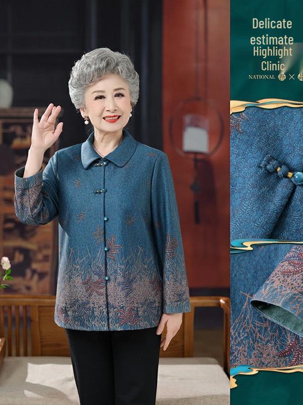 

Fashionable Lapel Jacket for 60-70 Year Old Women - Spring/Autumn Casual Style 5XL (for 165-180 jin) синий