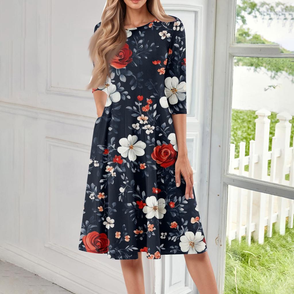 Women's Loose Casual And Fashionable Round Neck Seven Quarter Sleeved Printed Mid Length Dress