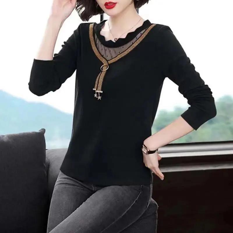 

Топы женские осенние и зимние кружевные ажурные свободные рубашки с круглым вырезом простые удобные пуловеры M чёрный