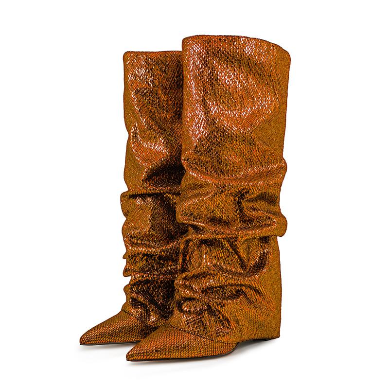 Krokodilmuster Damen High Boots Spitzschuh Leopardenmuster Keilschuhe Retro Schlupf-Muster Ärmel Kniehoch Plissee Stiefel