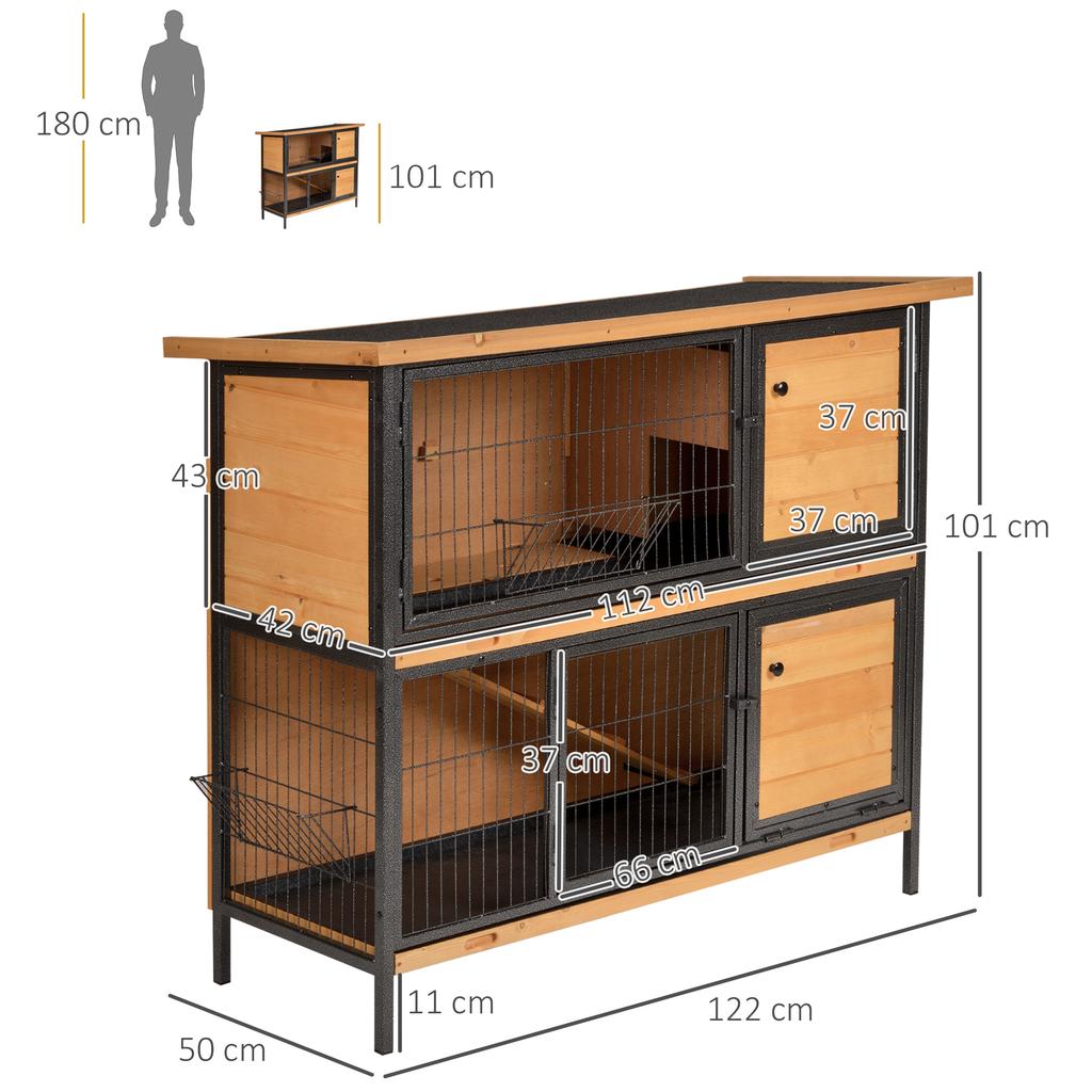 Outdoor Rabbit Hutch 2 Levels Asphalt Roof 4 Lockable Doors 122 x 50 x 101 cm Natural Wood Black