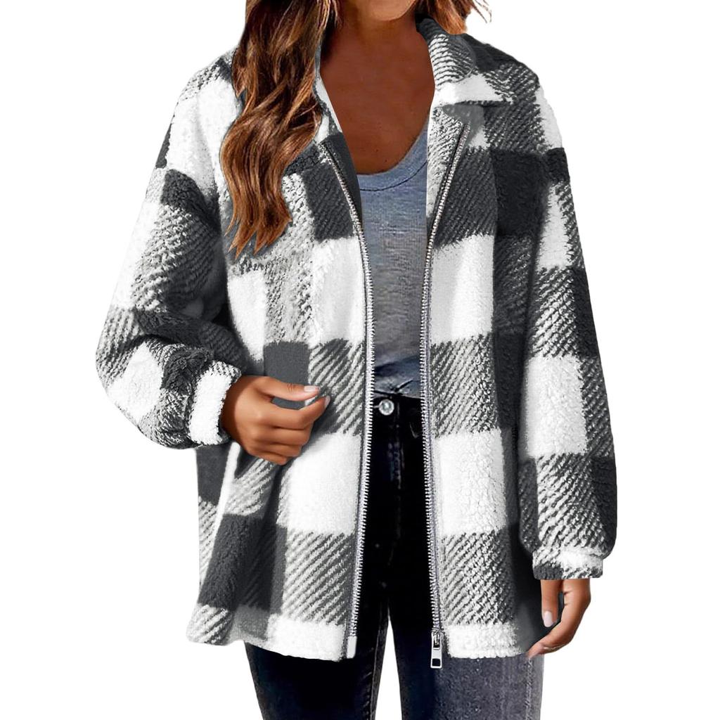 Fashionable Women's Plaid Lambskin Jacket With Pockets Button Plush Coat