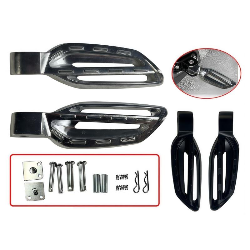 Motorcycle Passenger Footboards, Aluminum Rear Support Pair with Open-Frame Bodies, Ridged Treads, and Mounting Hardware