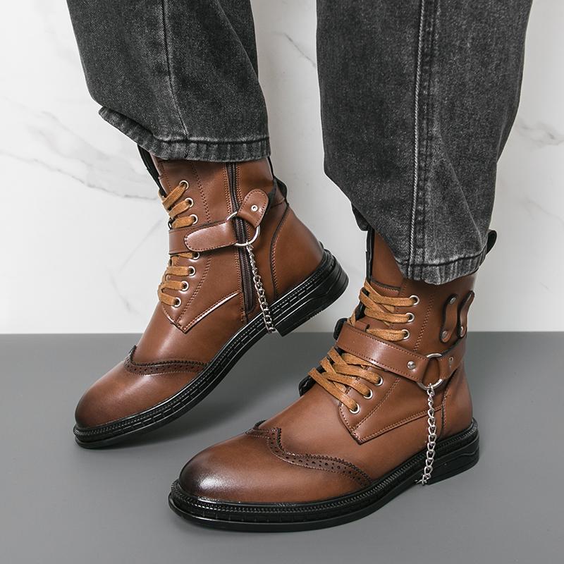 High Quality Men's High-top Boots Punk Metal Chain Design Men's Motorcycle Boots Luxury Casual Leather Ankle Boots Botas Hombre