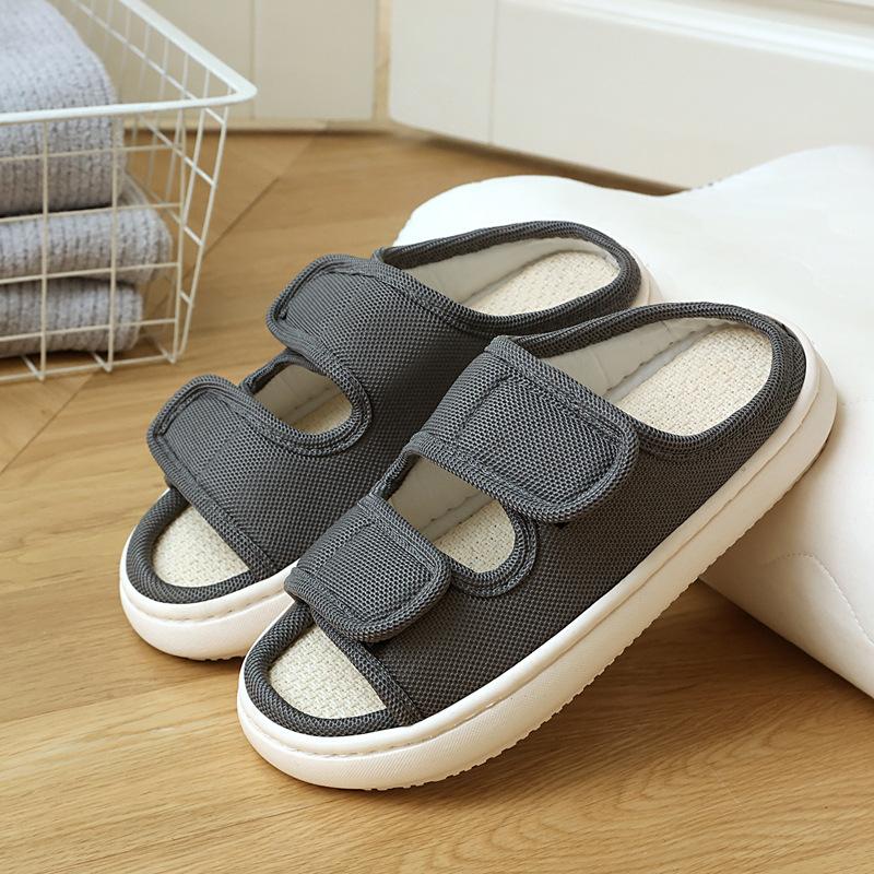 Pánské a dámské prodyšné letní pantofle z lnu absorbující pot, protiskluzové a snadno nazouvatelné a zouvatelné otevřené sandály na suchý zip pro domácí nošení