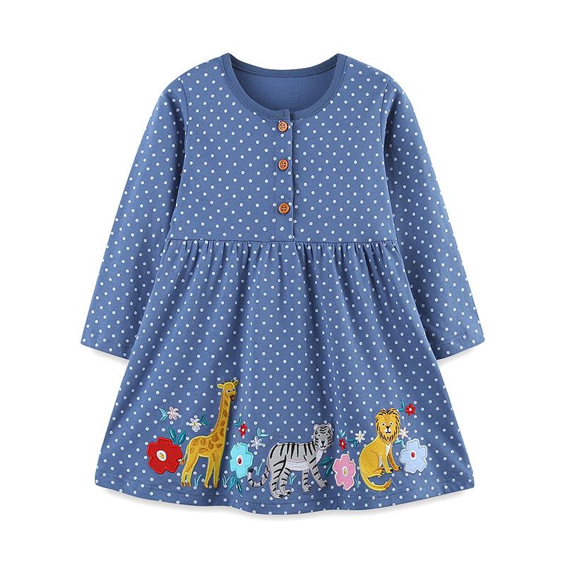 New Autumn European Style Girls  Polka Dot Princess Dress with Animal Embroidery and Long Sleeves 6Y