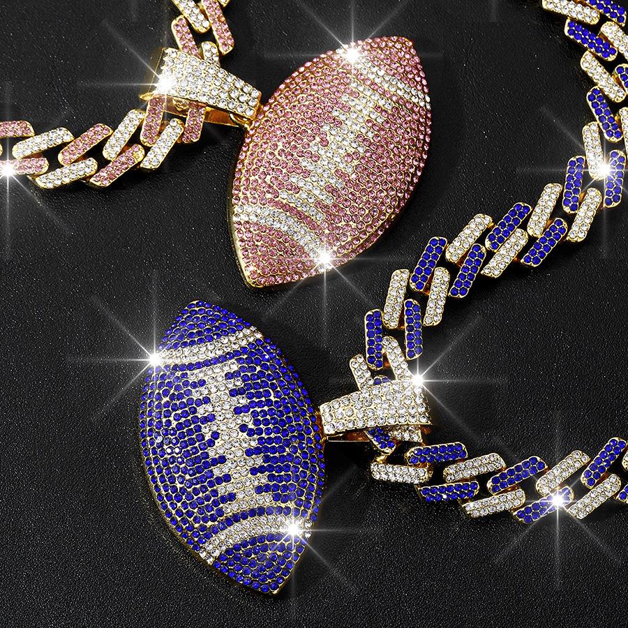 TEMU Hot Selling Full Diamond Colored Rugby Alloy Pendant, European and American Hip-hop Colored Cuban Chain Men's Necklace