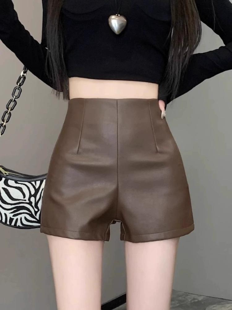 

Women s Early Fall Petite Outer Wear PU Leather Wide Leg Super Short Pants Black High Waisted A-Line Shorts Mini Shorts Versatile Slim Fit Hot Pants 5XL темно-коричневого кольору