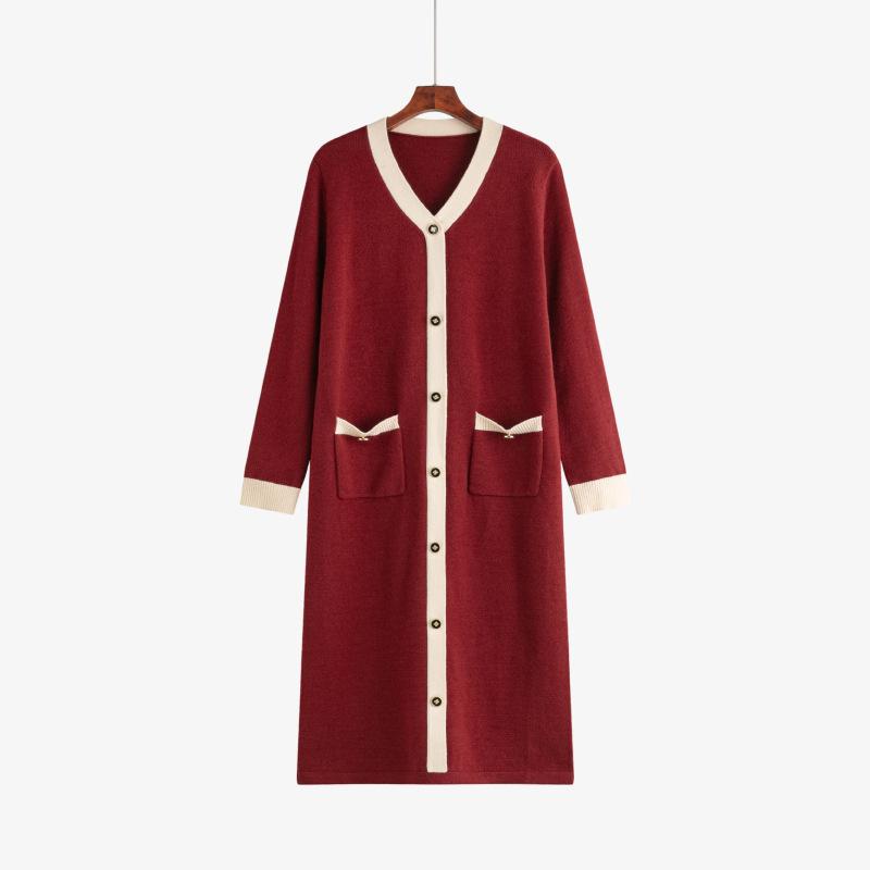 

Плюс Размер Женский V-образный вырез Контрастный цвет свитер Темперамент Длинная юбка Платье XXXL бордовый