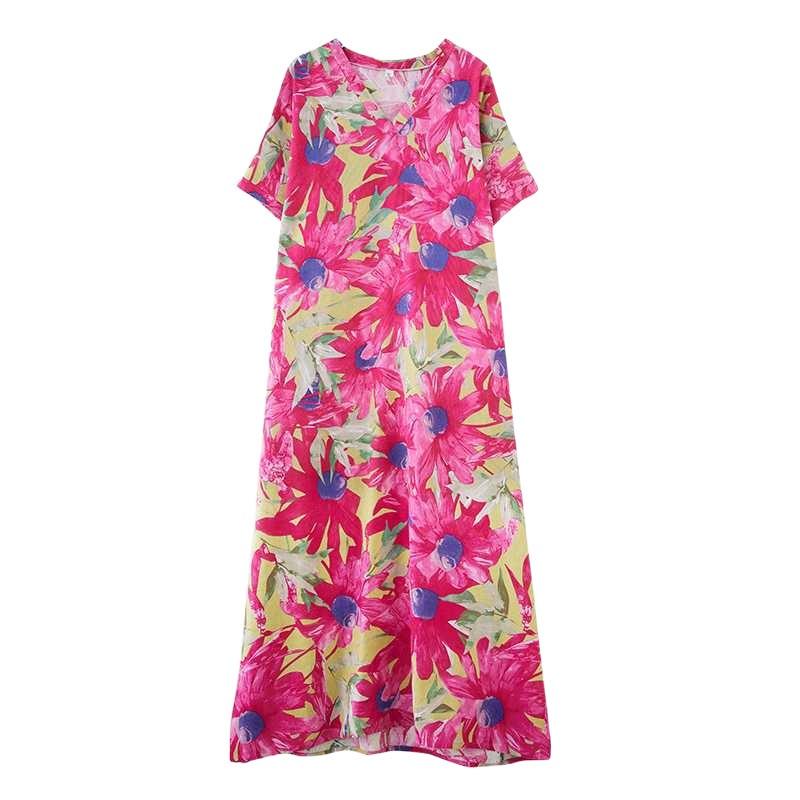 Real Summer New Cotton and Linen Printing V-neck Loose Large Size Simple Holiday Style Long Skirt Women's Beach Skirt Thick