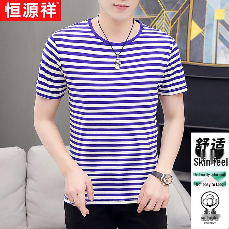 Hengyuanxiang Men s Striped Round Neck T-Shirt M