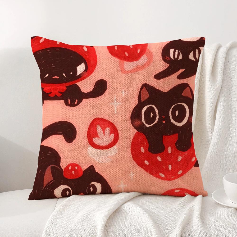 Cute Strawberry Print Cushion Cover Natural Linen Organic Fabric DoubleSided Printing Sofa Home Decor Breathable Bed Pillow