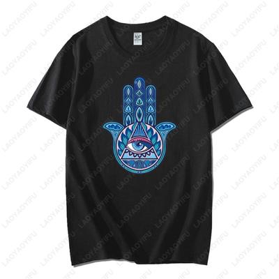 Blue Hamsa Hand Spiritual Protection Cotton Tops for Men Women Namaste Mandala Graphic Regular Short Sleeve Funny Casual Tshirt