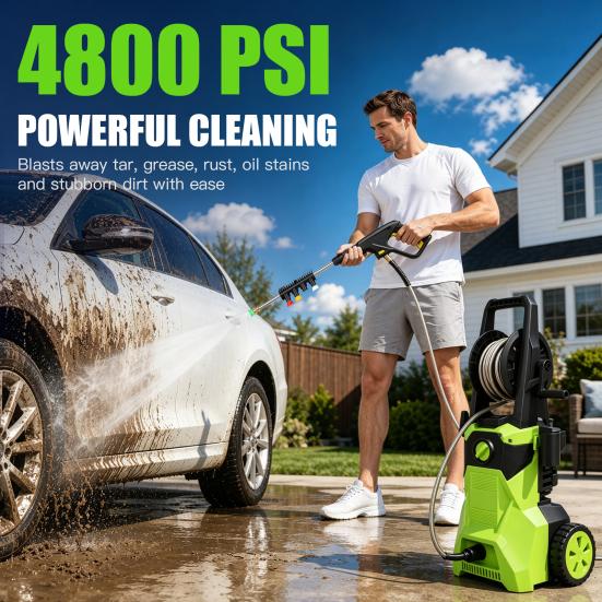 High Pressure Cleaner 4800PSI Electric Washer with 4 Nozzles & 33Ft Hose Power Overheat Protect for Car Fence Patio Cleaning Heavy Duty