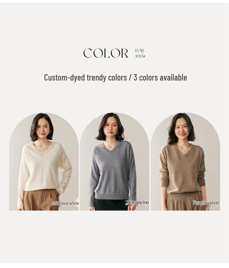 Women's V-Neck Cashmere Knit Pullover Sweater - Hand-Crocheted Loose Fit for Autumn/Winter