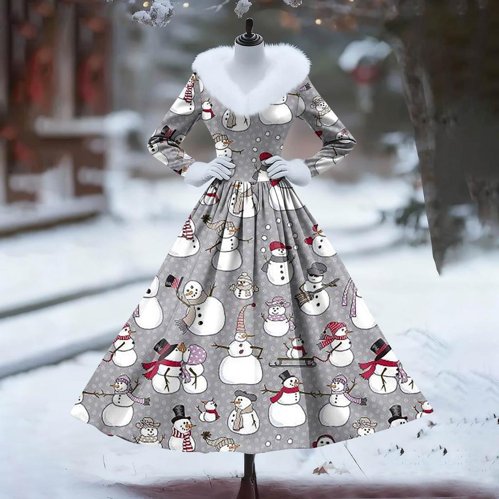 Women's Casual Dress Long-Sleeve V-Neck Patchwork Fleece Christmas Print Dress