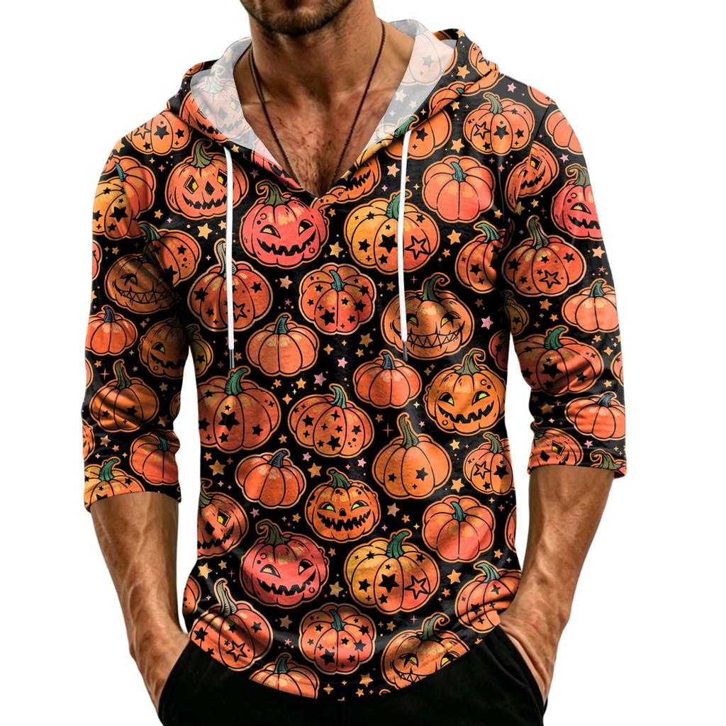 Men's Loose Fit Casual Hoodie Three Quarter Sleeve Pullover Halloween Pumpkin Pattern Lightweight Breathable Top for Everyday Wear