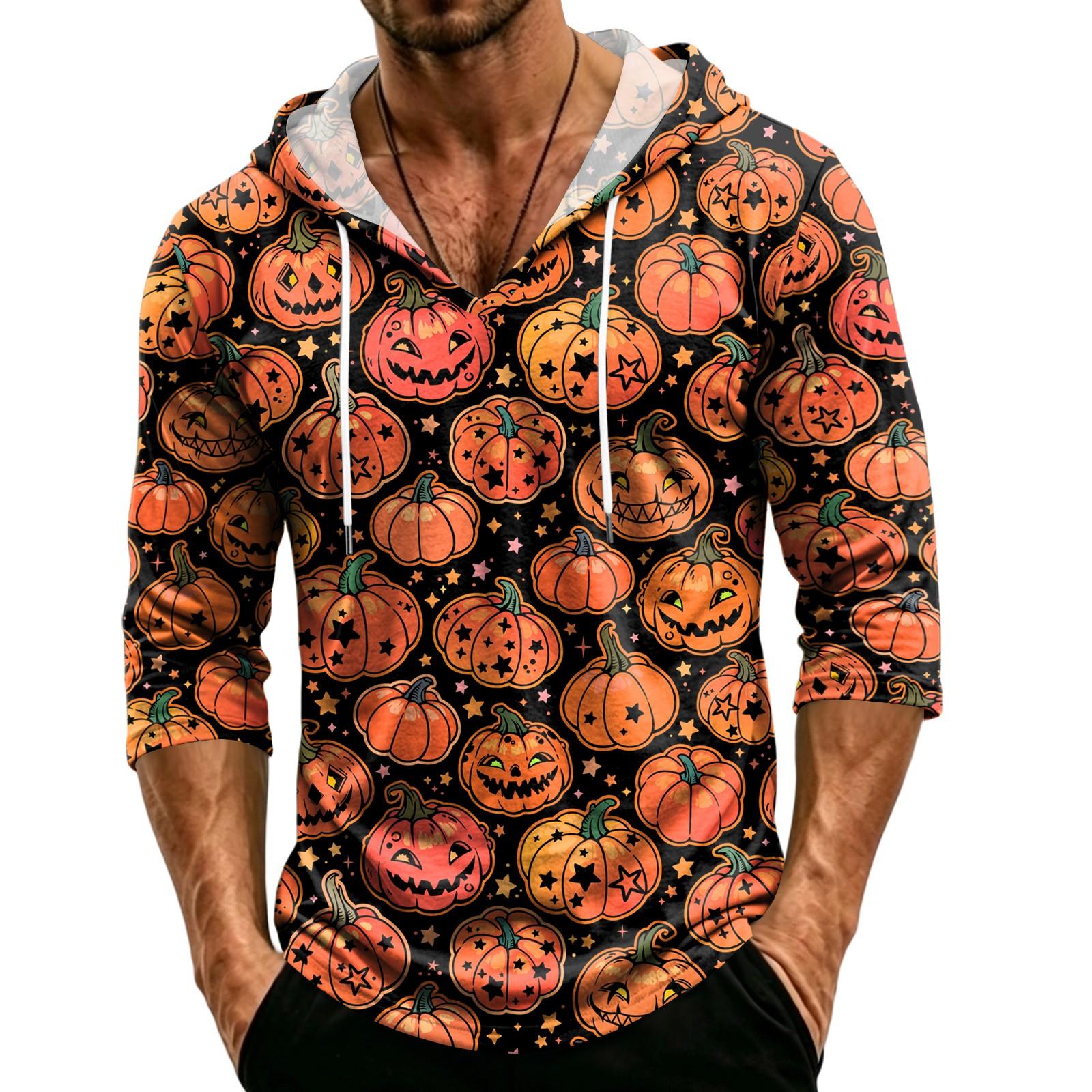 Men s Casual Hooded Three-Quarter Sleeve T-Shirt with Halloween Print for Holiday Wear L чёрный