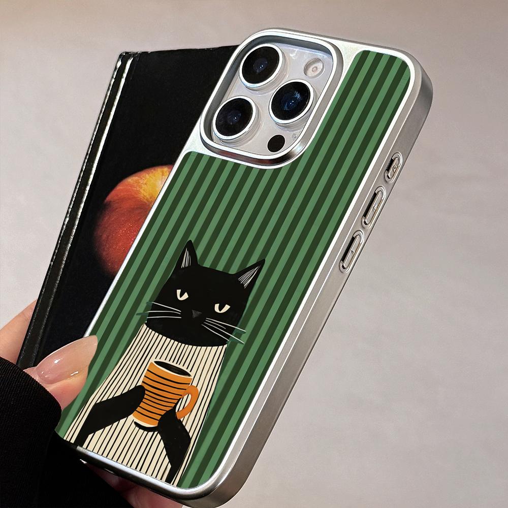 Cute Coffee Cat Silver Plating Mobile Phone Case for iPhone 17 16 15 14 13 12 11 Air Pro Max Plus Colorful Cover