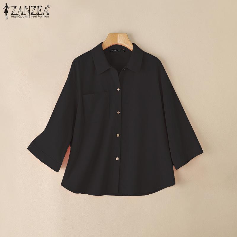 ZANZEA Womens Turn Down Collar 3/4 Sleeve Loose Button Blouse
