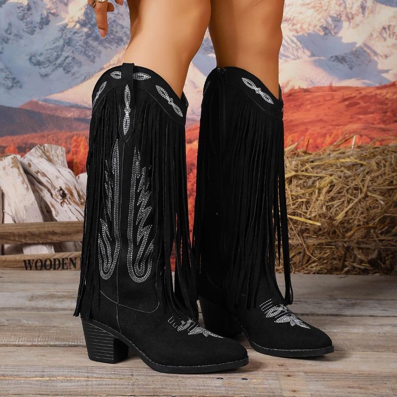 Embroidered Big Yard Pointed Toe High Heel Tassel Boots Women's 2025 Winter New Ethnic Style Thick-heeled Knight Boots