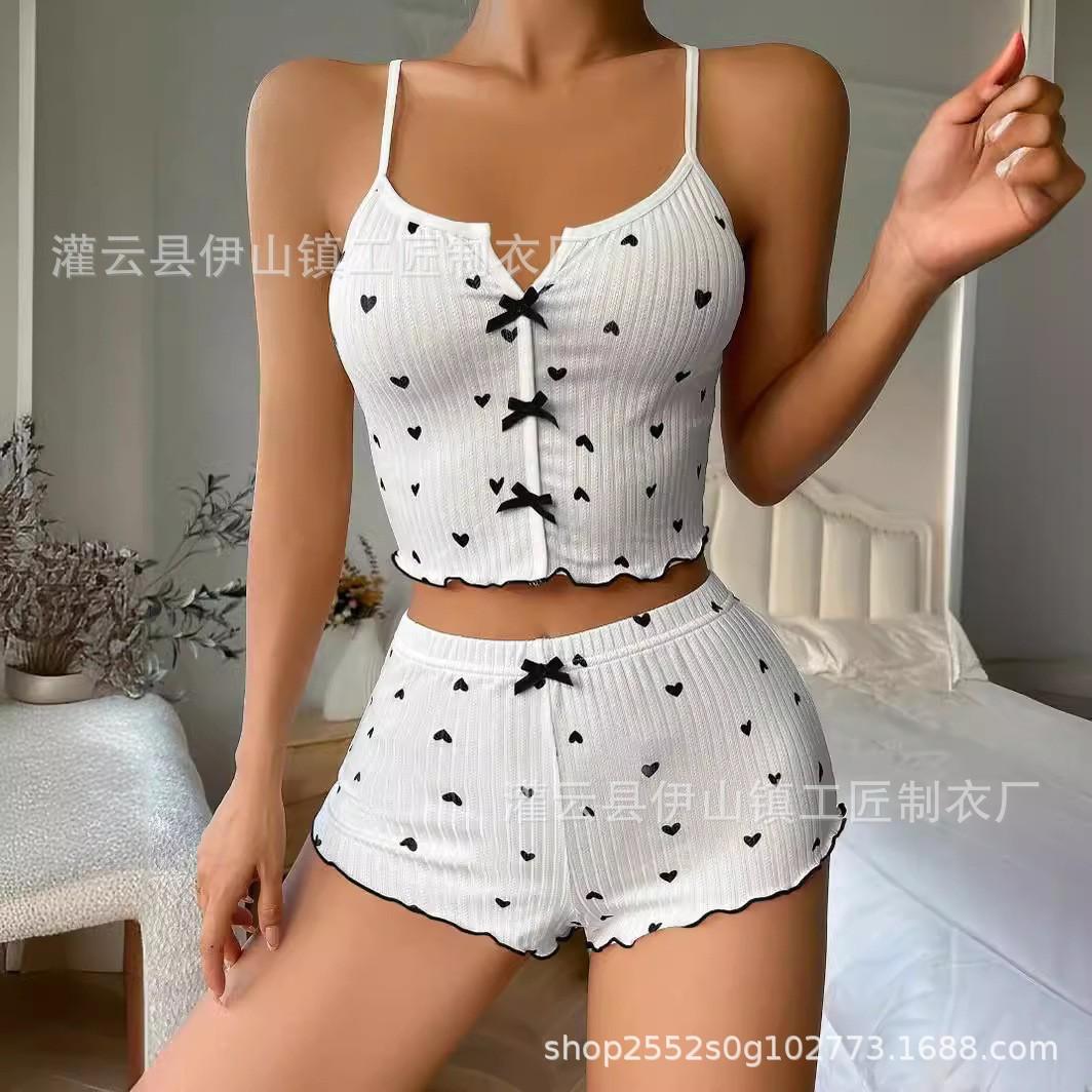 

Autumn and winter women s new pajamas sexy multi-color printed bow suspenders shorts milk silk set loungewear S