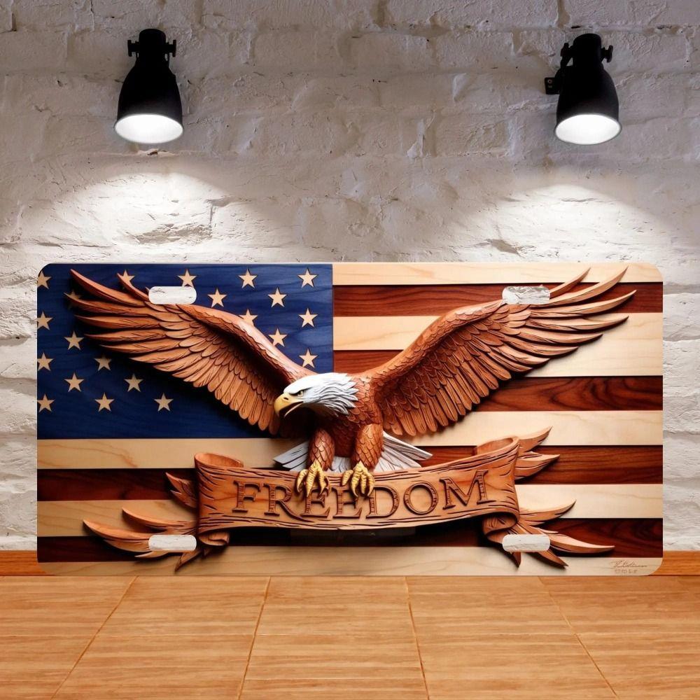 

Metal Tin Sign American Eagle Wood Style US Flag Freedom Banner 3D Decor Art 30x15 cm
