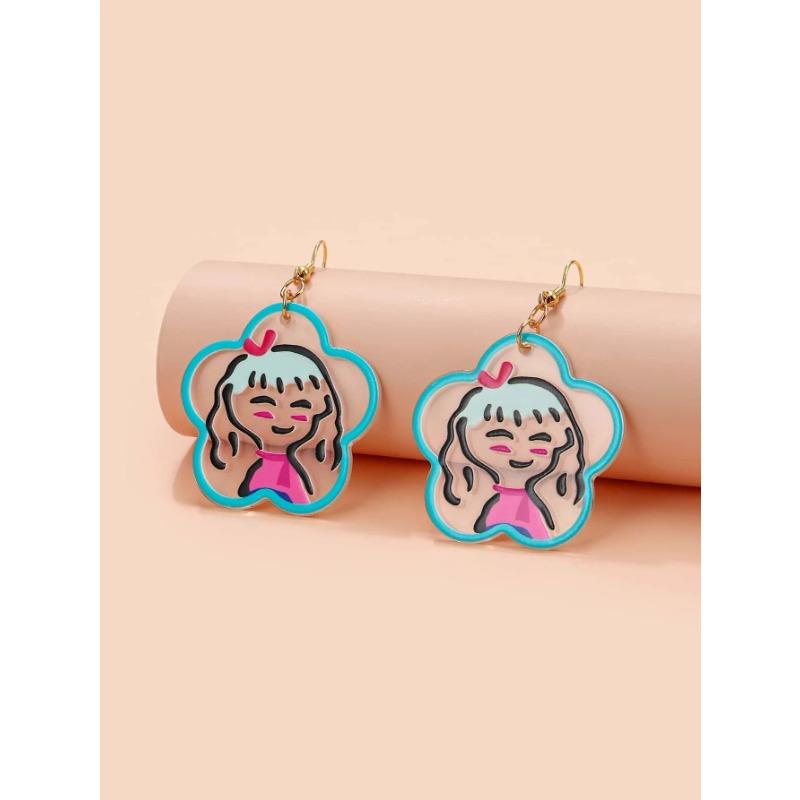 Girl Cartoon Graffiti Flower Acrylic Stud Earrings, Small Fresh and Cute Love Flower Earrings