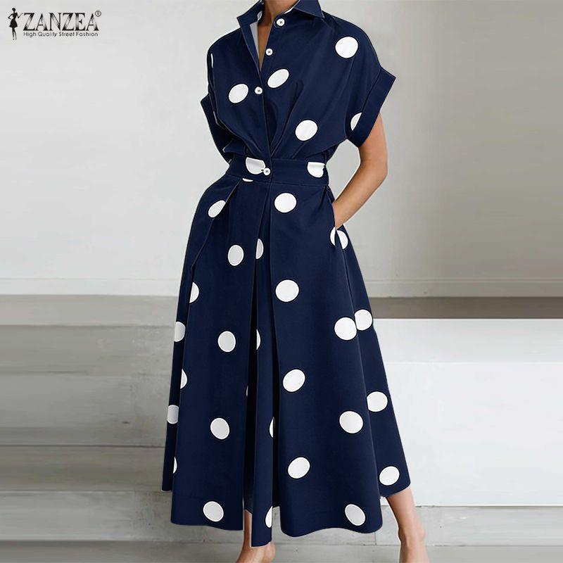 ZANZEA Womens Casual Turn Down Collar Polka Dot Print Short Sleeve Dress