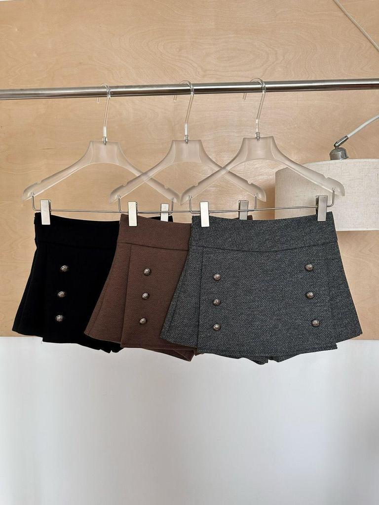 Petite High-Waisted Woolen A-Line Skort - Autumn & Winter Double-Breasted Style
