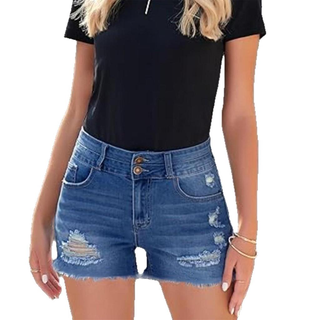 Women Denim Shorts High Waist Ripped Jean Shorts Double Button Closure Casual Summer Shorts for Outdoor Activities