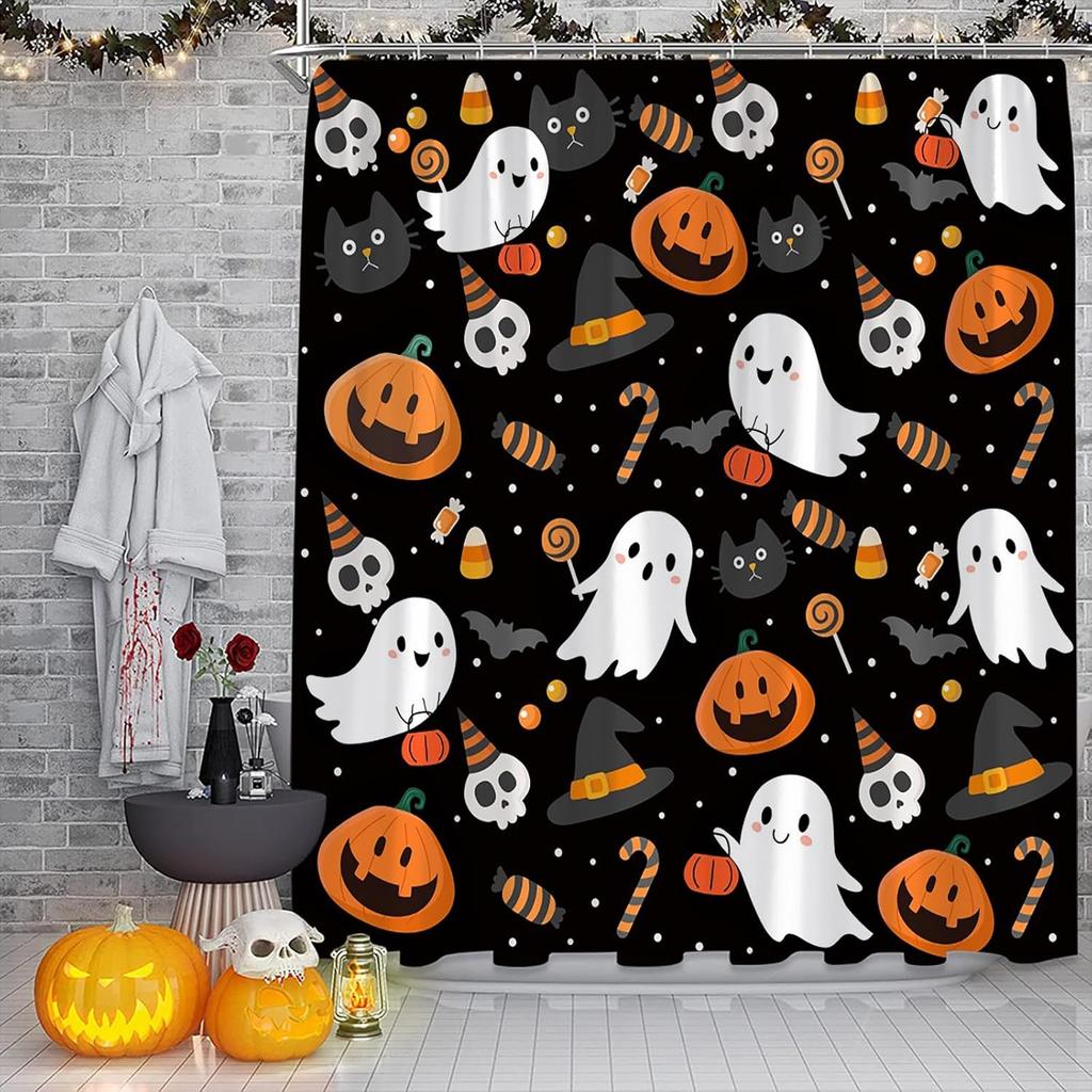 Halloween Shower Curtain Cute Ghost Pumpkins Cartoon Spooky Skull Gothic Fabric Decorative Bathroom Curtains with Hooks,Teal