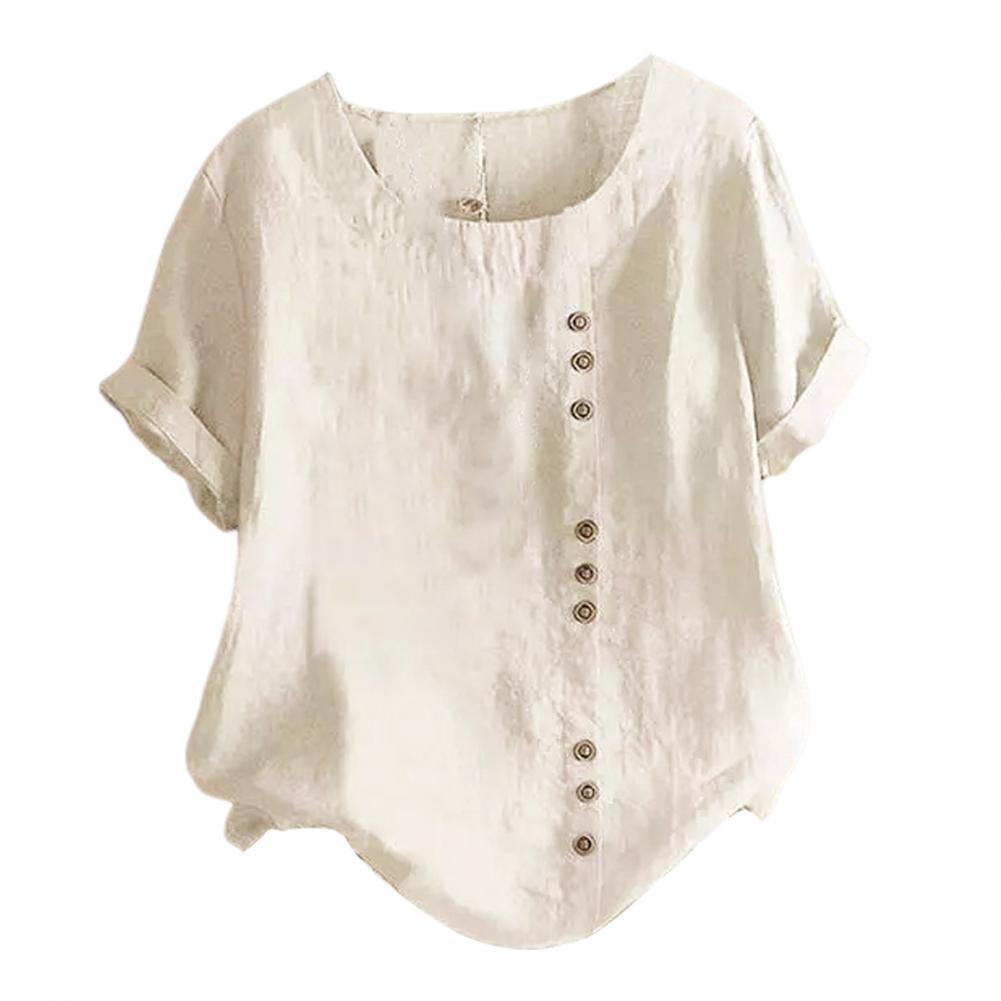 

Блузка с коротким рукавом на пуговицах, стильные женские летние топы с круглым вырезом, отделкой пуговицами, свободная футболка для повседневного ношения на А XXL