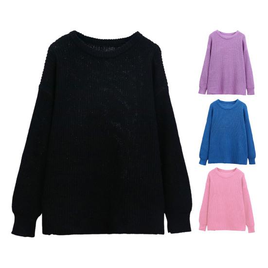 Women Pullover Sweater Round Neck Long Sleeve Elastic Fabric Knitting Tops Solid Color Loose Fit Sweater Tops