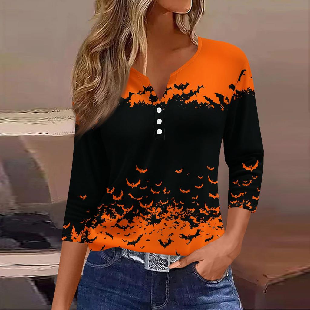 Women's Casual Fashion V-neck Loose Versatile Halloween Print Three-quarter Sleeve Top
