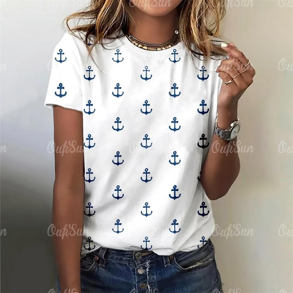 T-Shirt im neuen Stil für Frauen mit Anker-Print, Sommer-Übergröße, T-Shirts für Damenbekleidung, O-Ausschnitt, Damenmode, Übergröße