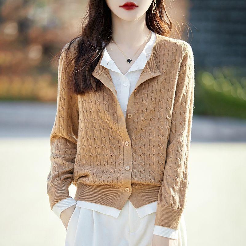 Crew Neck Color Matching Fake Two-piece Cardigan Women's Autumn and Winter New Loose Twist Women's Sweater Jacket Knitted Top