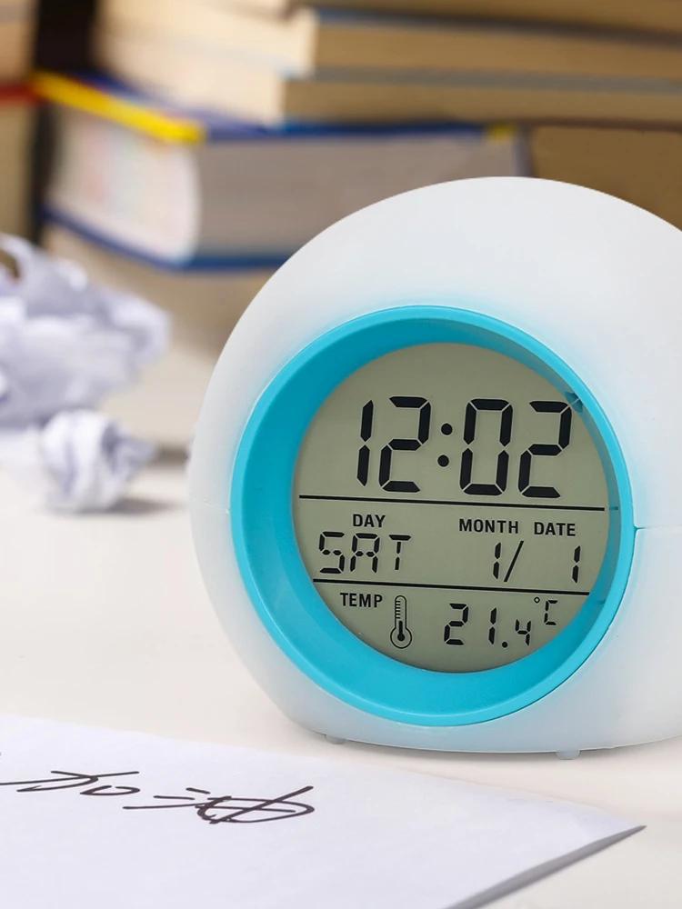 Creative 7 Colorful Round LED Light Alarm Clocks Time Date Display Temperature Detection Multi Functional Circular Alarm Clock