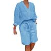 Women's Cotton Linen Two Piece Outfit Casual V-Neck Half Sleeve Lapel Shirt And Belted Wide Leg Shorts Summer Lounge Set with Pockets