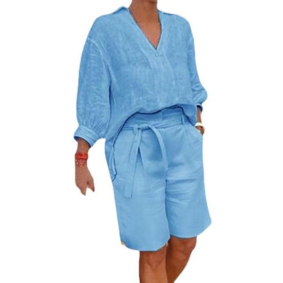Women's Cotton Linen Two Piece Outfit Casual V-Neck Half Sleeve Lapel Shirt