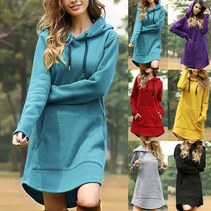 Cozy Womens Winter Long Sleeve Tunic Tops Pullover Hoodie Dress In Six Colors