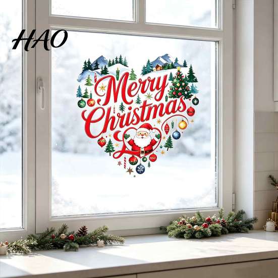 Santa Claus Wall Stickers Merry Christmas Window Cling, Heart Shaped Sticker with Xmas Creative Holiday Home Accents Tree Balls, Winter Static