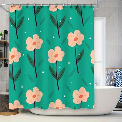 Green Bath Curtain with Flower Print for Bathroom Decor Waterproof Shower Cloth Fabric Home Accessories