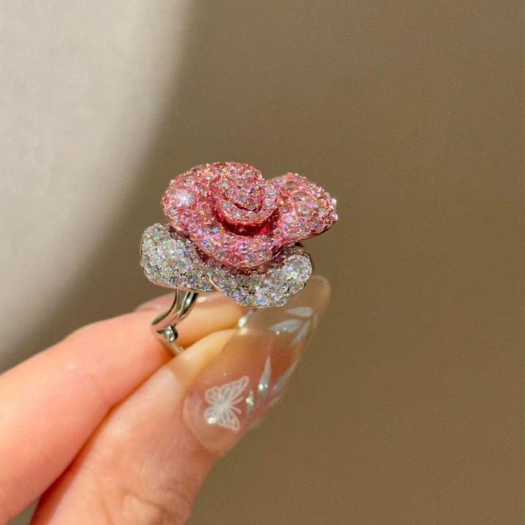 Women Light Luxury Open Ring Trendy Sweet Pink Rose Sparkling Rhinestone Design Unique Temperament Premium Daily Fashion Jewelry
