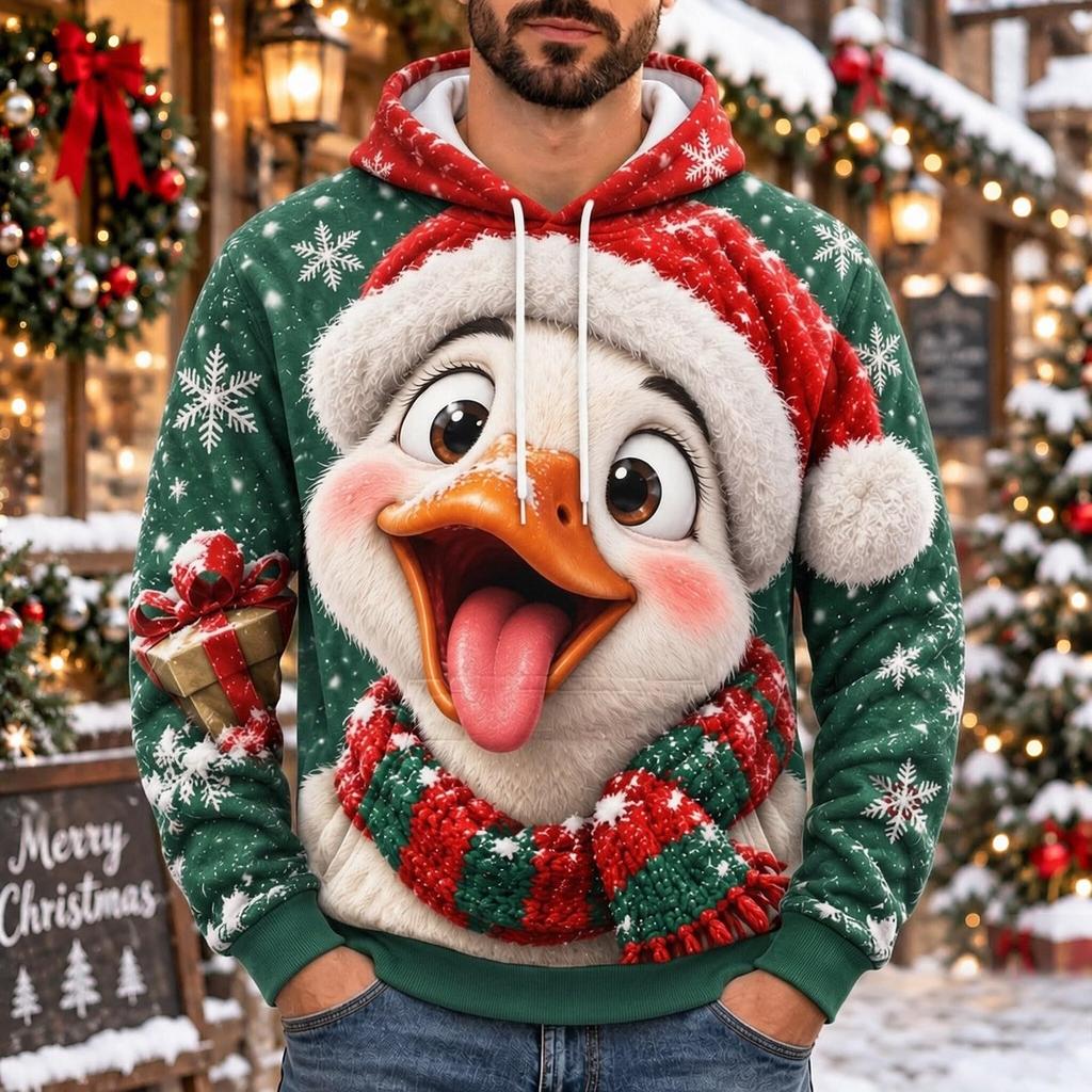 Men's Casual Loose Fit Hooded Long Sleeve Top with Christmas Print for Holiday Parties
