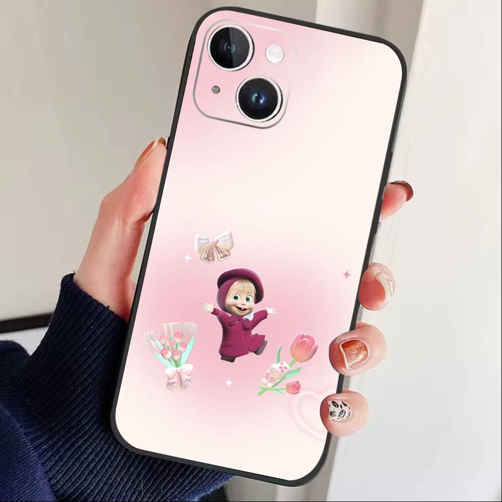 Cute Masha and the Bears Phone Case For iPhone 17 16 15 14 13 12 Max Plus Silicone Black Cover
