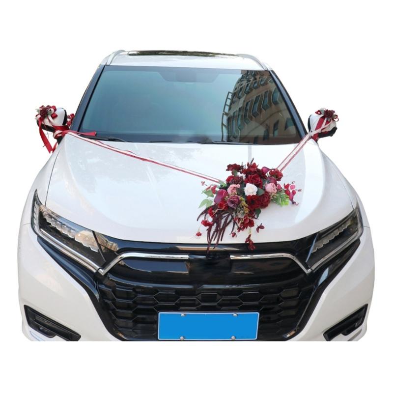 Wedding Car Decoration 7Pieces Set with Realistic Artificial Flower for Car Decors included Rearview Mirror and Doorknob