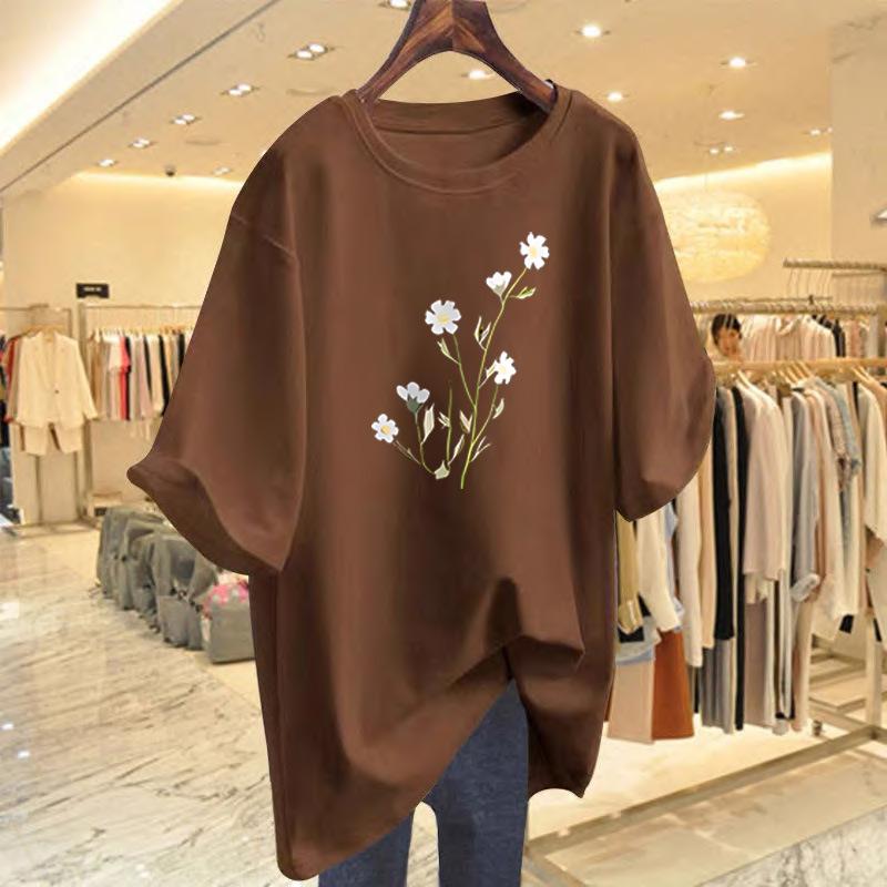 Cotton white short-sleeved t-shirt women's summer new flower print crew neck loose top bottoming shirt