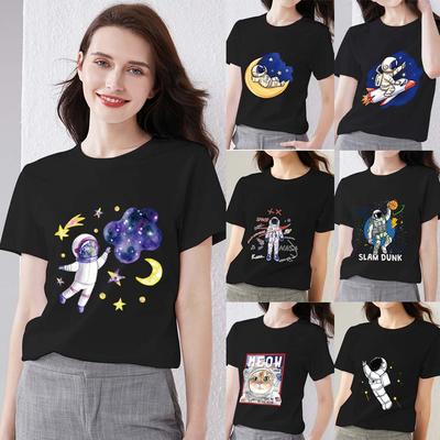 Casual Fashion Women's All-match T-shirt Anime Yuhang Teddy Bear Print Series Shirt Round Neck Comfortable Slim Black Ladies Top