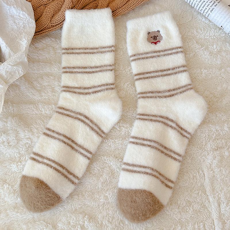 Australian Velvet Socks Medium Tube Socks Season Warm Velvet Thickened Embroidery Cute Cartoon Striped Home Sleep Socks
